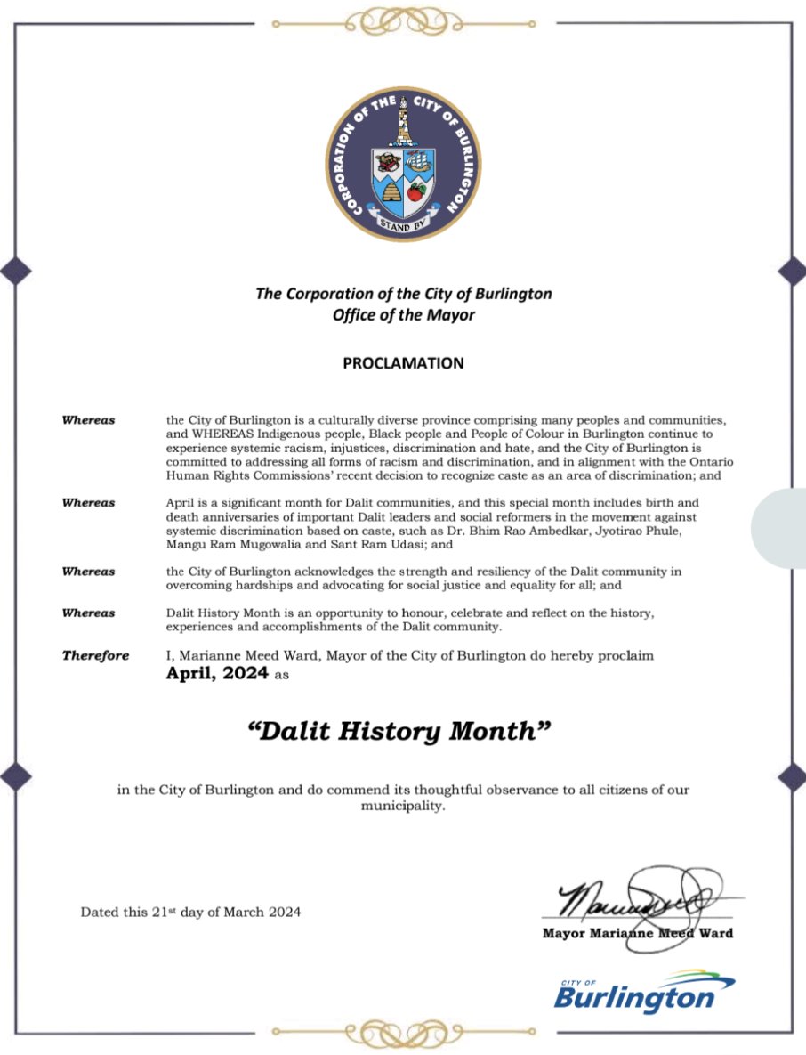 SADAN_Canada's tweet photo. Amazing news: 
City of Burlington, ON issued 2 proclamations today. 
1. April month as "Dalit History Month" 
2. April 14th as "Dr. Bhima Rao Ambedkar Day of Equity". 1st city in Ontario to take such bold step
Thanks a lot to our ally @MendingtheChasm who did this.
#JaiBhim https://t.co/QmvFqFIR5W