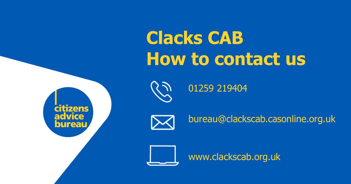 ⭐️Opening hours reminder ⭐️ Drop- in: 9.30am - 2.30pm (Monday - Friday) Email & Telephone: 9am - 4pm (Monday - Friday) Outreach diary 👇 clackscab.org.uk/services/outre…