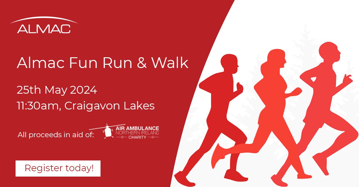 Join us for the Almac 5K / 10K Fun Run & Walk on Saturday 25th May at the Craigavon Lakes This event is open to everyone so invite your friends, family or colleagues to run, walk or jog in aid of @AirAmbulanceNI. Register here: hubs.li/Q02pXb490