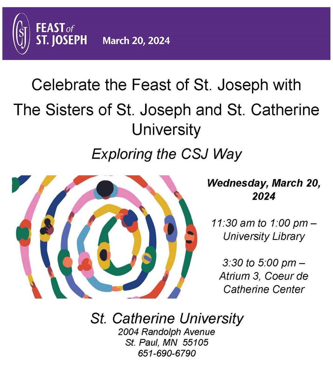 #CatholicSistersWeek '24
Exploring the CSJ Way
Sisters of St. Joseph &amp; St. Catherine University
buff.ly/3UEoIsW

TOMORROW
St. Catherine University
St. Paul, MN
11:30a - 1p - University Library
3:30 - 5p - Coeur de Catherine Center

#CelebratingTraditions #ChangingtheWorld