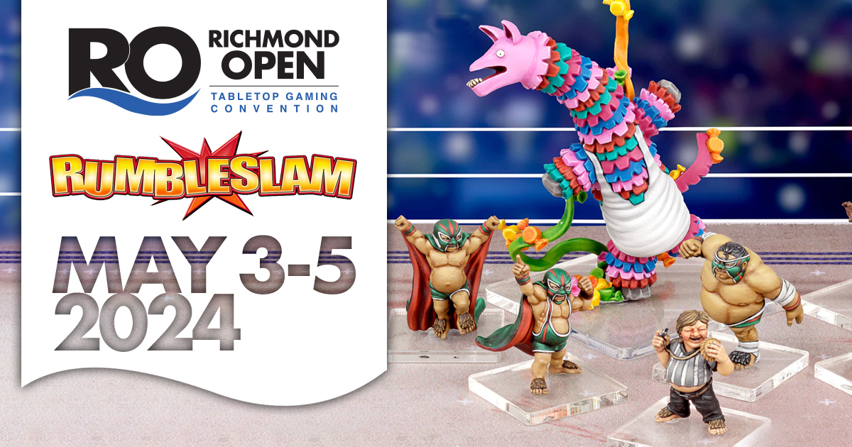 RichmondOpenCon's tweet photo. Let's get ready to rumble! RUMBLESLAM is an over-the-top, wacky fantasy wrestling game for 2+ players that's fast paced and incredibly fun. There will be demos and open-play on Friday! Link in the bio. #rumbleslam #ttcombat #wrestling #tabletop #gaming https://t.co/Rpok4q86Qx