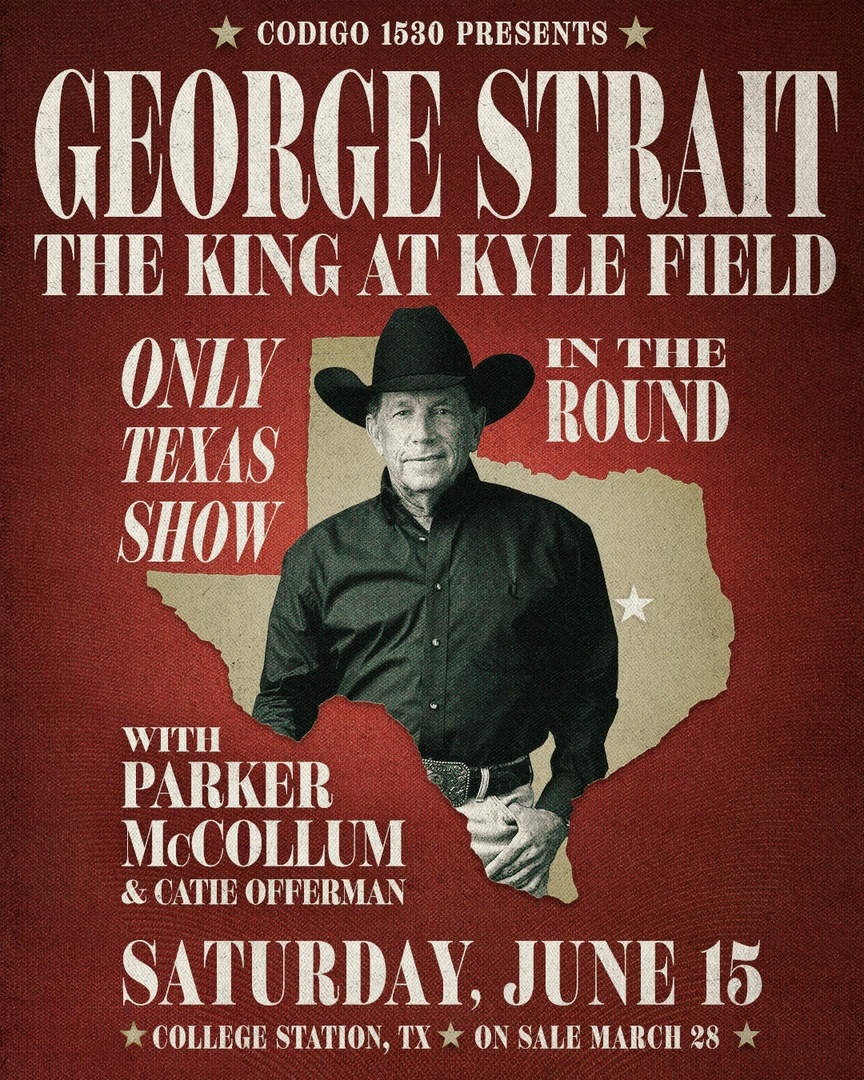 George Strait (@georgestrait) on Twitter photo George will play the FIRST EVER concert at Kyle Field on June 15. Joining him are fellow Texans, <a href="/ParkerMcCollum/">Parker McCollum</a> & @CatieOfferman. This will be the one & only show in Texas this year. Tickets on sale Thursday, Mar 28 at 10AM CT.
Sign up for early access: bit.ly/43oD7Mb George will play the FIRST EVER concert at Kyle Field on June 15. Joining him are fellow Texans, <a href="/ParkerMcCollum/">Parker McCollum</a> & @CatieOfferman. This will be the one & only show in Texas this year. Tickets on sale Thursday, Mar 28 at 10AM CT.
Sign up for early access: bit.ly/43oD7Mb