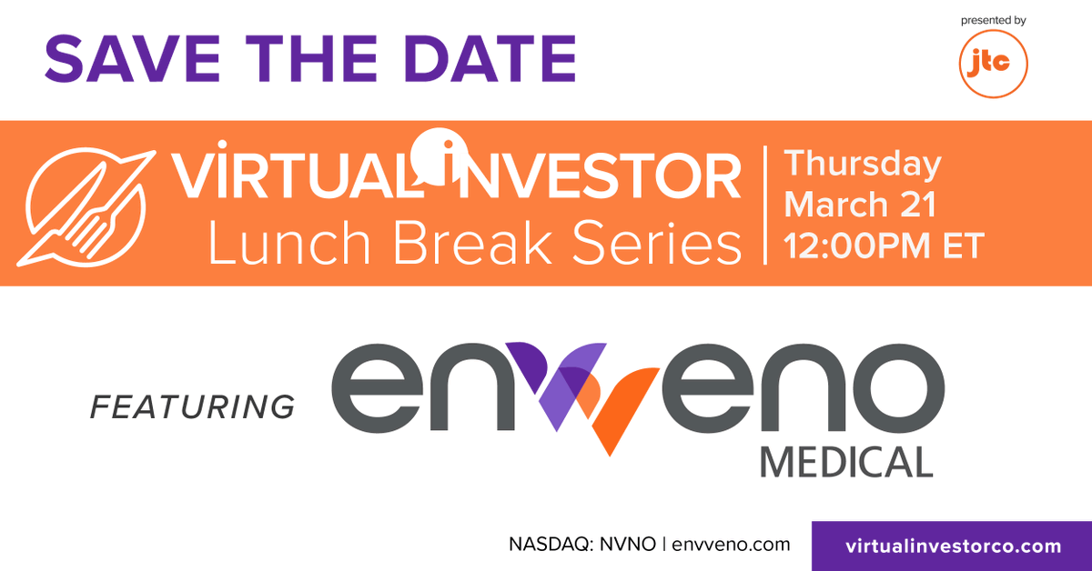 #MarkYourCalendars: Our CEO, Rob Berman, will be participating in the @investorvirtual Lunch Break: The enVVeno Opportunity on 3/21 at 12 PM ET. Register here: bit.ly/3x5XvFq $NVNO #VenousDisease #ChronicVenousInsufficiency #ChronicVenousDisease