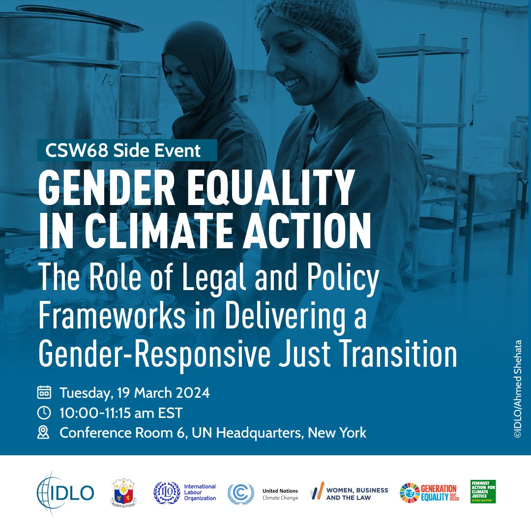 📢 Live now! Join us online now, along with the government of the Philippines, @UNFCCC @ilo @WorldBank & #GenerationEquality Justice Action Coalition for Climate Justice at our #CSW68 side event, 'Gender Equality in Climate Action'. 📺 Watch live: ow.ly/qrZX50QT65q