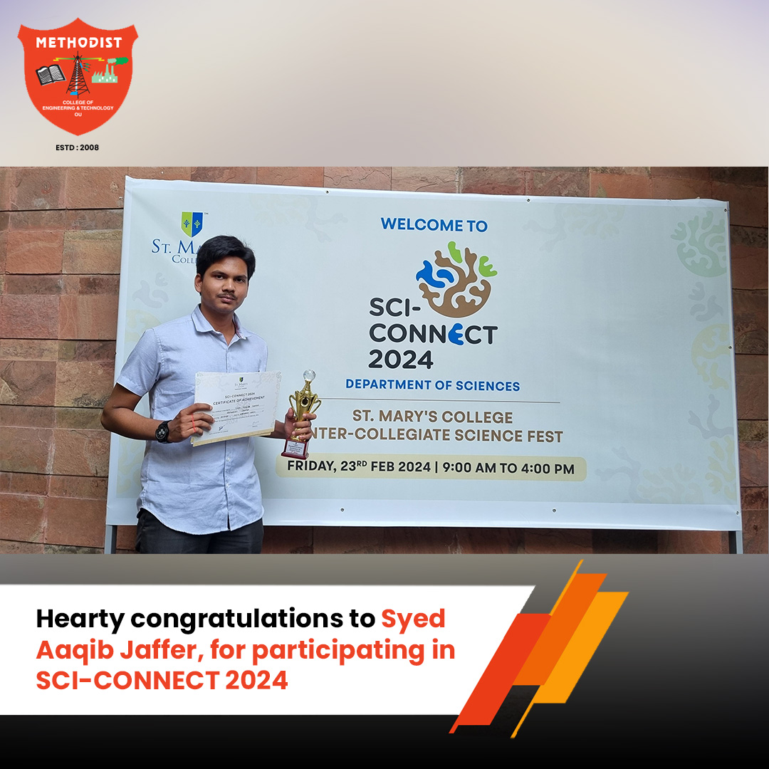 MCETHyderabad's tweet photo. Hearty #Congratulations to Syed Aaqib Jaffer, #ECE-A first year student at #MCET, for #Participating in #SCI_Connect2024, an #InterCollegiateScienceFest organized by the #DepartmentofScience at St. Mary's College, Yousufguda.
#Trophy #Certificates #Achievement #Winner #Success https://t.co/knKSe5zPDT