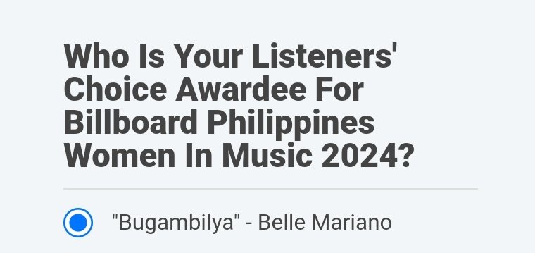 Want another achievement for #BelleMariano? 

Vote BUGAMBILYA on #BillboardPhilippines Listeners Choice, until TOMORROW (March 20, 11:59 PM)

#BelleBugambilya 

Click the thread to VOTE!