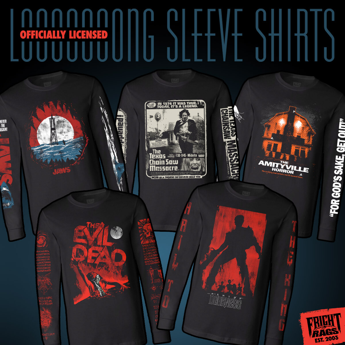 We've just restocked FIVE classic officially licensed LONG SLEEVE HORROR SHIRTS! Favorite like Texas Chainsaw Massacre, Amityville Horror, Evil Dead, & MORE! In-stock and ready to go. Order 'em now! SHOP: bit.ly/3wY5vZb