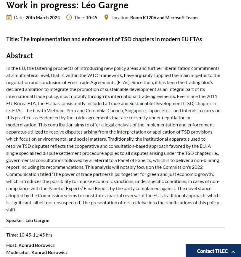 TILEC1's tweet photo. Tomorrow's #TILEC #WorkInProgress is on 'The implementation and enforcement of TSD chapters in modern EU FTAs' by Léo Gargne. 

#ResearchHighlight #AcademicChatter #AcademicTwitter #Upcoming #Research https://t.co/hJkIrcvoS3