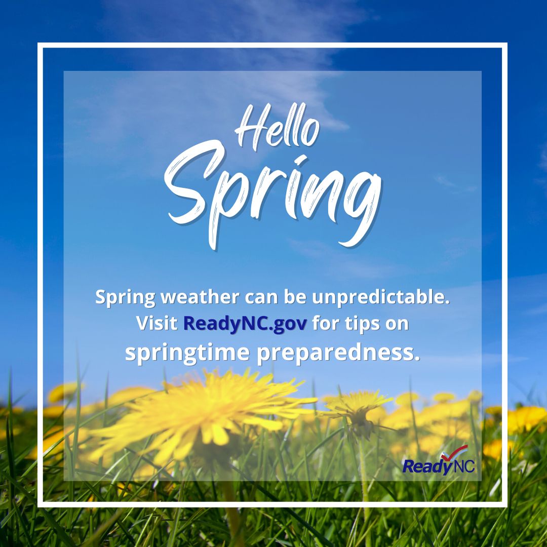 NCEmergency's tweet photo. Despite experiencing early signs of spring this past week, today marks the official start of the Spring season. Because spring weather can be unpredictable, make sure you are prepared. Visit https://t.co/r3QpoBt7lw for tips on springtime preparedness. https://t.co/6vdmDMRc5t