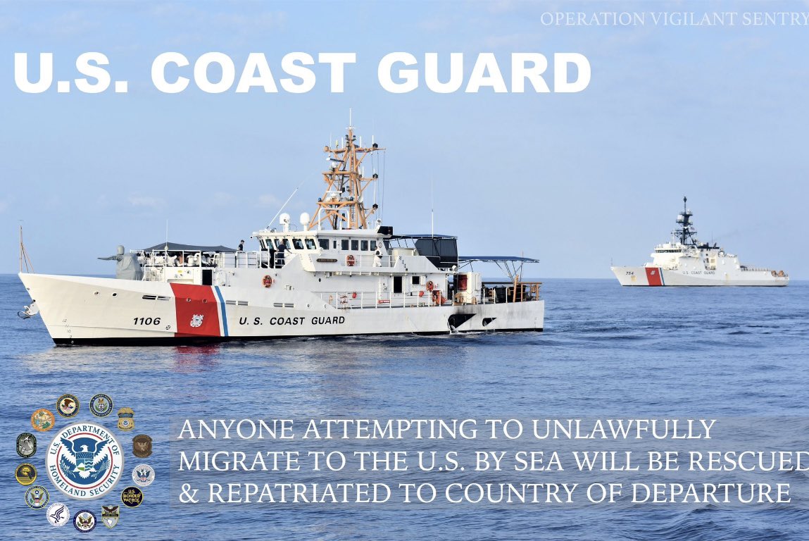 #DontTakeToTheSea <a href="/USCG/">U.S. Coast Guard</a> crews &amp;
@HSTF_Southeast partner agencies continue to patrol by land, air, and sea to prevent and deter irregular, unlawful maritime migration.

You will be rescued and repatriated to your country of origin or departure.
#NoTeArriesgues #PaPranLanmeA #OVS