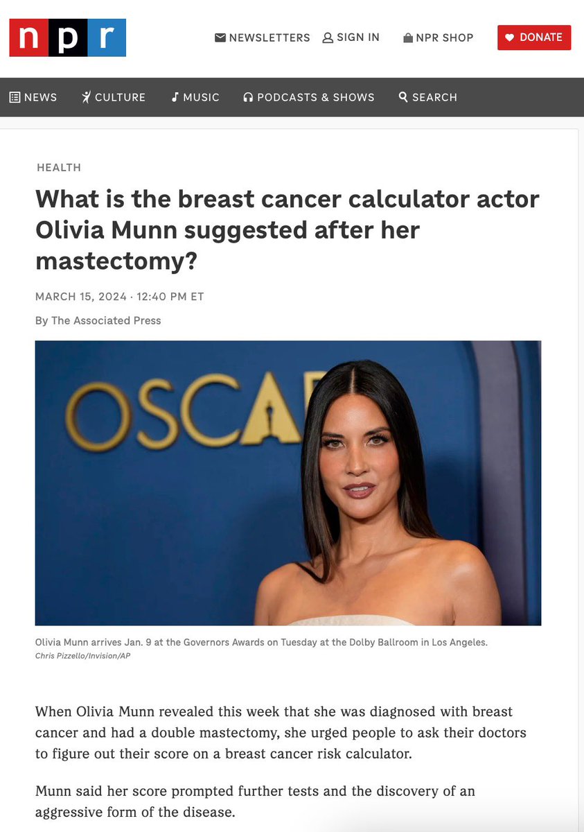 Personalized cancer risk scores + tailored screening regimens are the future. #OliviaMunn is an early adopter + recently shared how this led to a dx of bilateral #breastcancer @ 43yo. #Cancer can happen to anyone. We need to catch it early, when it’s curable. #earlydetection
