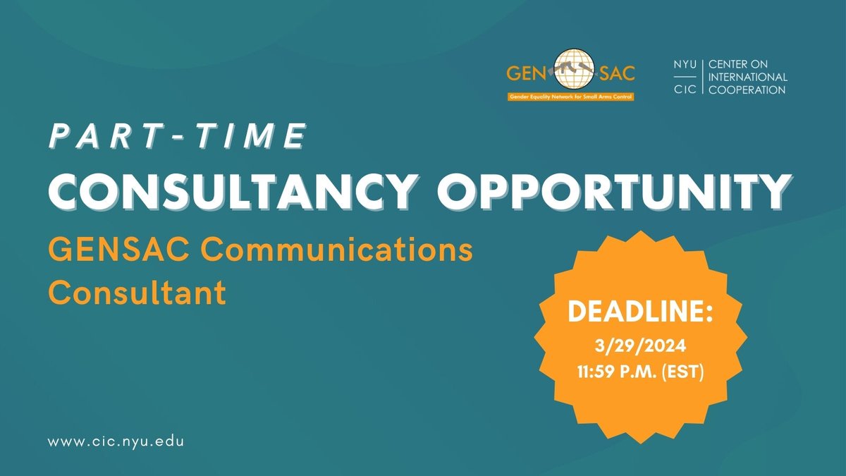nyuCIC's tweet photo. 🔎 Are you interested in #PolicyComms, #ConflictPrevention, #Disarmament, and #GenderEquality issues?
💼 @Sdg16Gensac, hosted by CIC, is seeking a comms professional or firm!
⏰ Deadline: March 29, 2024
Full consultancy requirements & qualifications ⬇️ https://t.co/Q1yCOJA23U https://t.co/EjHTvp8iE0