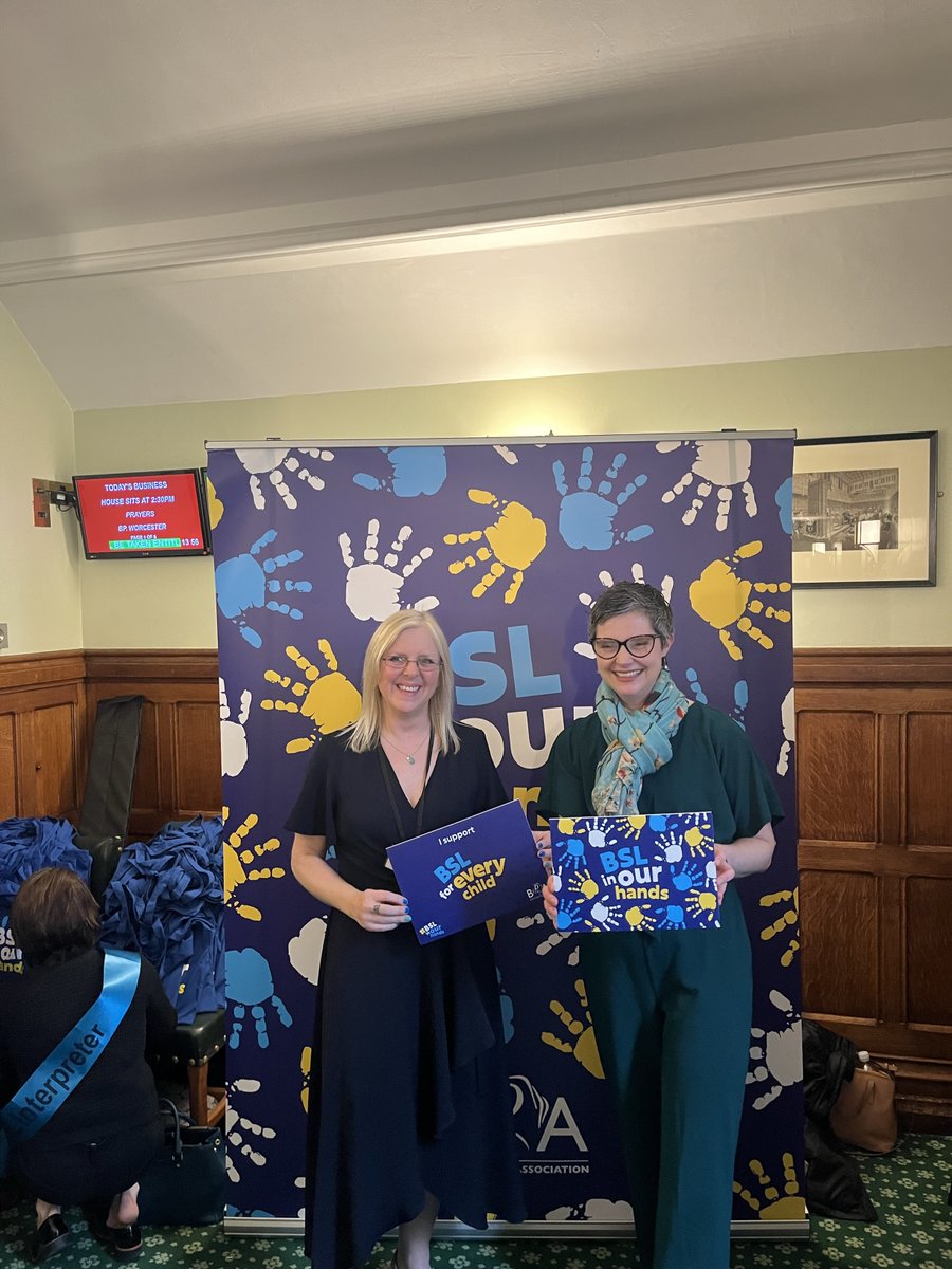 BDA_Deaf's tweet photo. Parliamentary reception for "BSL in Our Hands" with Minister Mims Davies, President Sofia Isari, BDA Special Ambassador Chloe Smith MP &amp; many others. 

A united step for early BSL/ISL access for deaf children!

https://t.co/UK4CIv8HnU

#BSLinOurHands https://t.co/ByMKr7qfNA