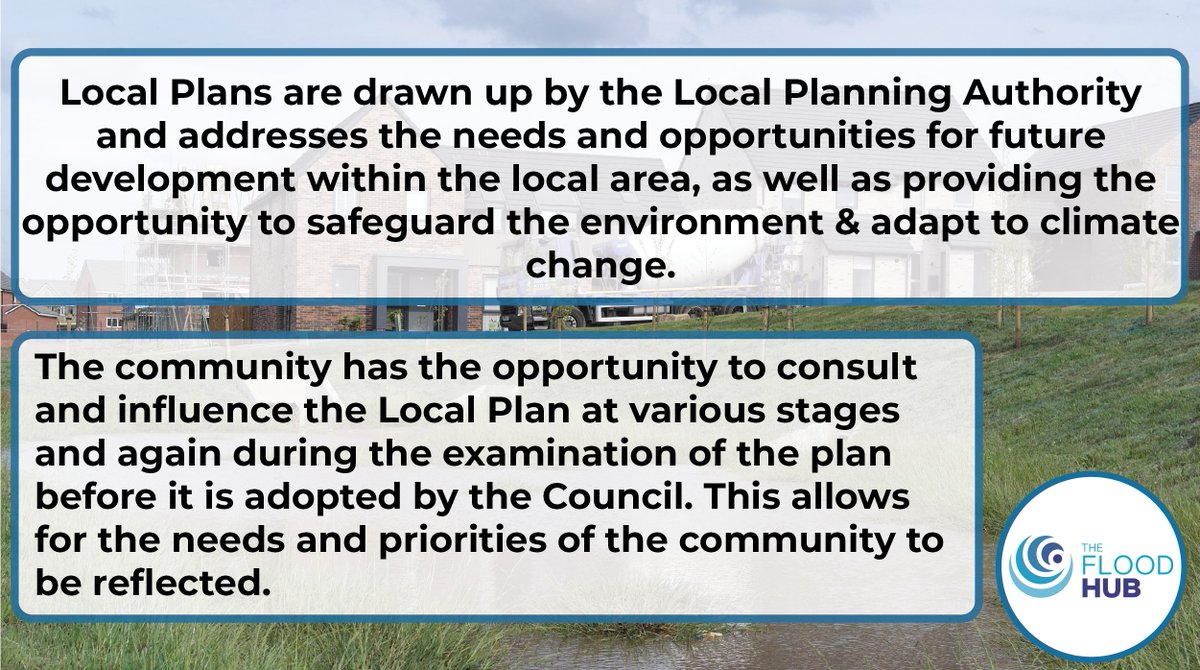 How do local plans influence local development🤔? Check out our graphic below or click the link to our handy ‘Flood Risk and Planning FAQs’ booklet for more information📖. ➡️ thefloodhub.co.uk/wp-content/upl…