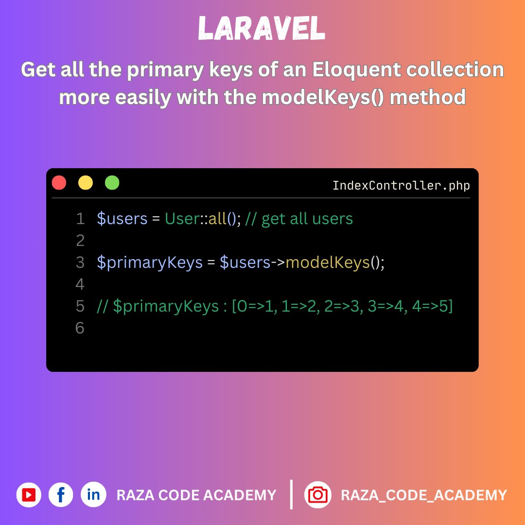 RazaCodeAcademy's tweet photo. Simplify your workflow with Eloquent's modelKeys() method! 🛠️  💡💼 #Laravel #Eloquent #ProductivityBoost #softwareengineer #softwaredeveloper #webdeveloper #php #phpdeveloper #laravel #laraveldeveloper #eloquent https://t.co/TJsS3duan2