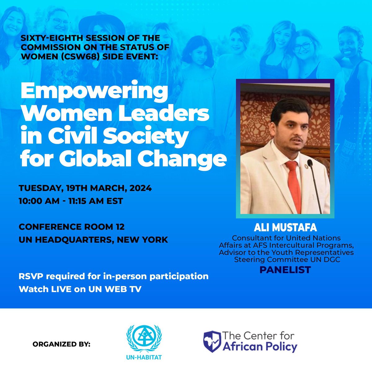 Join us today in a discussion on “Empowering Women Leaders in Civil Society for Global Change” a 68th UN CSW event. Live now at webtv.un.org/en/asset/k15/k… #CSW68 by @unhabitatyouth @UNHABITAT