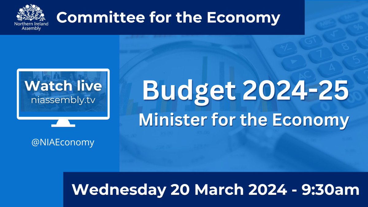 📌This week the Committee will receive an oral briefing from the Minister for the Economy @conormurphysf on @Economy_NI budget pressures for 2024-25. 📆Wednesday 20 March 2024 📺Watch live on niassembly.tv