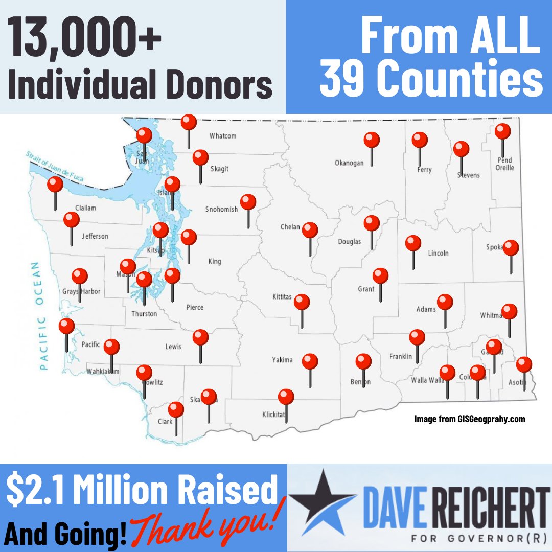We're inspiring a grassroots campaign! We've raised $2.1 million so far from 13,000+ individual donors from ALL 39 counties! Thank you to everyone who has donated and supported our campaign. #TeamReichert

#ChangeWA #FixWA #DoTheRightThing

ReichertForGovernor.com