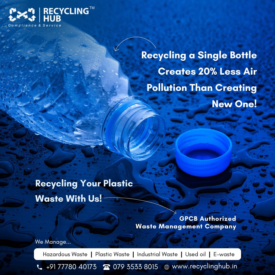 Recycling a Single Bottle Creates 20% Less Air Pollution Than Creating New One!
.
Contact us: 7778040173 | Email: info@recyclinghub.in | Visit recyclinghub.in
.
#RecyclingHub #IndustrialWasteManagementCompany #GPCBauthorized #HazardousWas #plasticwaste #Sustainability