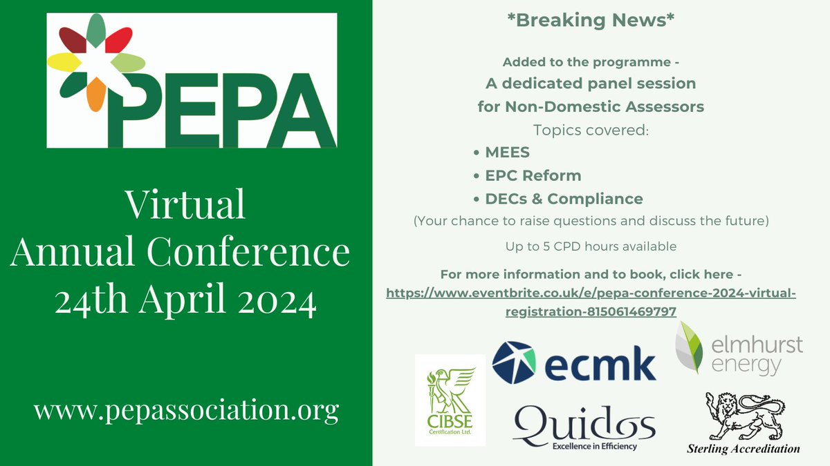 Only 5 weeks to go until the <a href="/PEPA_LTD/">PEPA</a> Online Conference with a dedicated session for Non-Domestic Assessors.  Book here eventbrite.co.uk/e/pepa-confere… #epc #energyassessor