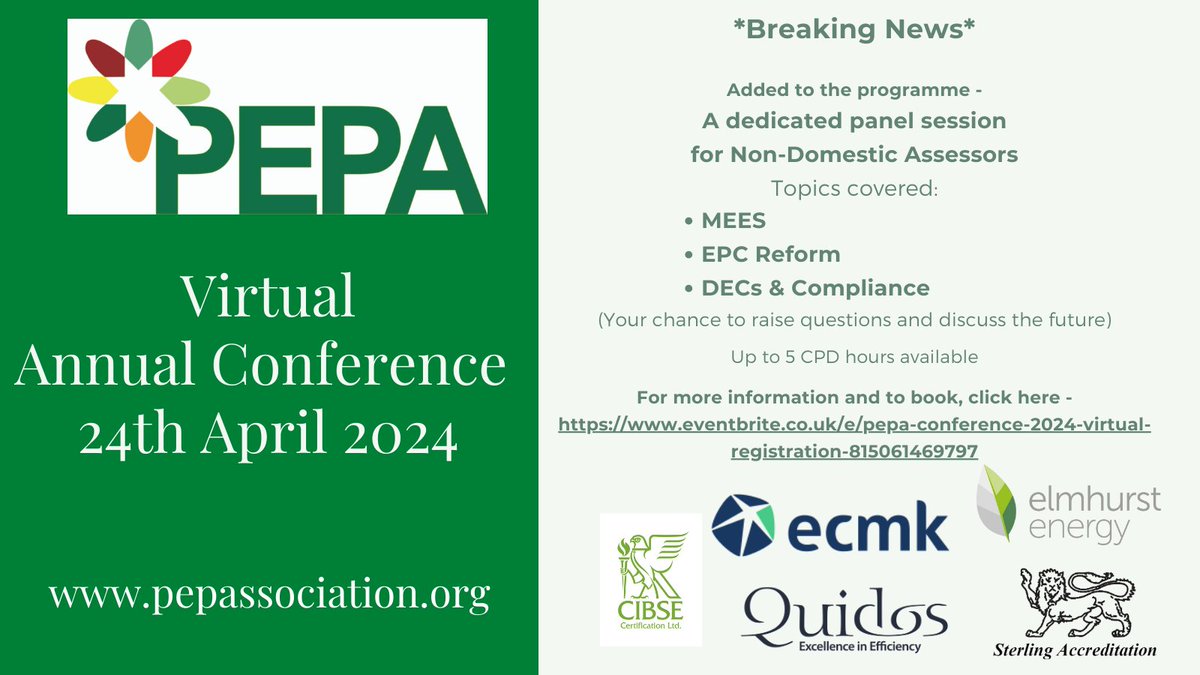 Only 5 weeks to go until the @PEPA_LTD Online Conference with a dedicated session for Non-Domestic Assessors.  Book here eventbrite.co.uk/e/pepa-confere… #epc #energyassessor