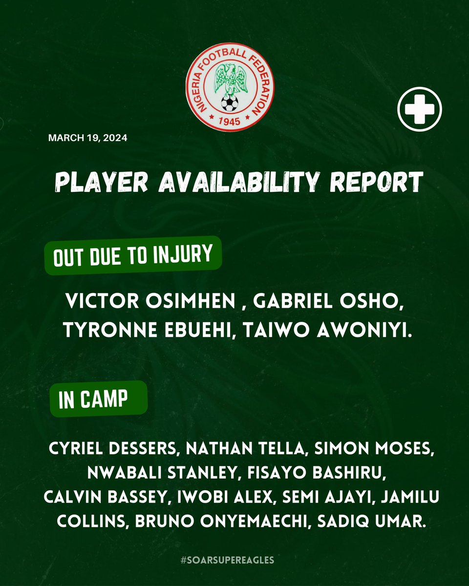 UPDATE: Victor Osimhen, Taiwo Awoniyi, Tyronne Ebuehi, and Gabriel Osho are all out of International Friendlies Squad due to Injury.

🇳🇬 #SoarSuperEagles #YourSportsMemo