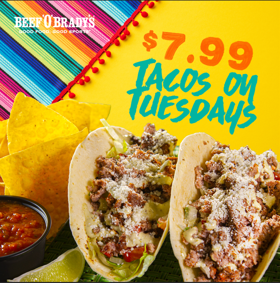 🌮TACO TUESDAY, 2 Tacos + Chip and Salsa, for $7.99
-Served on Flour Tortillas.

👀 We Offer...
-Chicken
-Steak
-Beef
-Boom Boom Shrimp
-Shrimp
-Fish

🧀 Add a side of Queso for $1.49
-A creamy white cheddar cheese sauce with ground green chilies, diced onions, garlic and just...