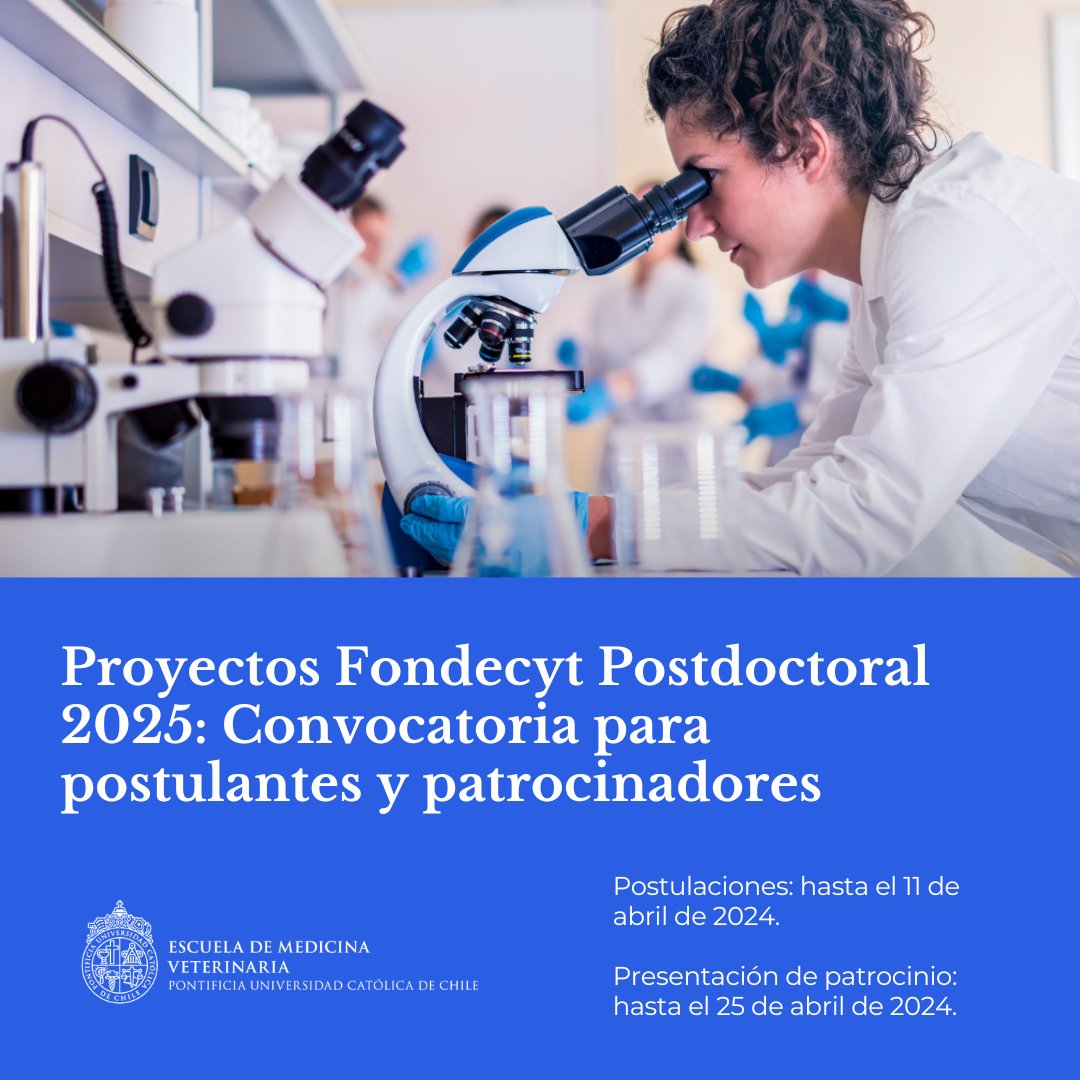 MedVetUC1's tweet photo. #POSTDOC 📣¡Atención! Nuestra Escuela @MedVetUC1  invita a personas recién iniciadas en investigación científica o tecnológica, con el grado de doctor y convoca a académicas y académicos interesados en patrocinar Proyectos Fondecyt Postdoctoral. https://t.co/nSgoYqBSiy https://t.co/Tn8k3TD96D