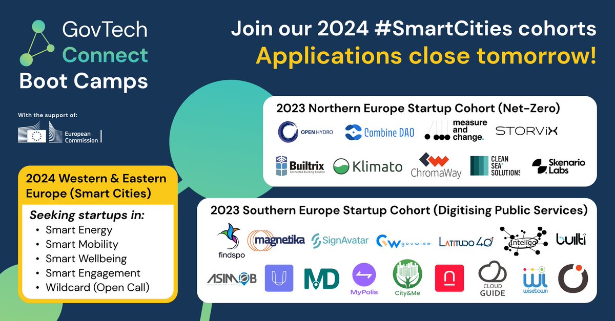 🌊 Join the next wave of #SmartCities innovation! 🌊 Applications for the GovTech Connect 2024 Boot Camps close TOMORROW Don't miss out on this incredible opportunity to shape Europe’s cities of tomorrow. Apply by Weds 20 March ➡️ govtechbootcamps.com