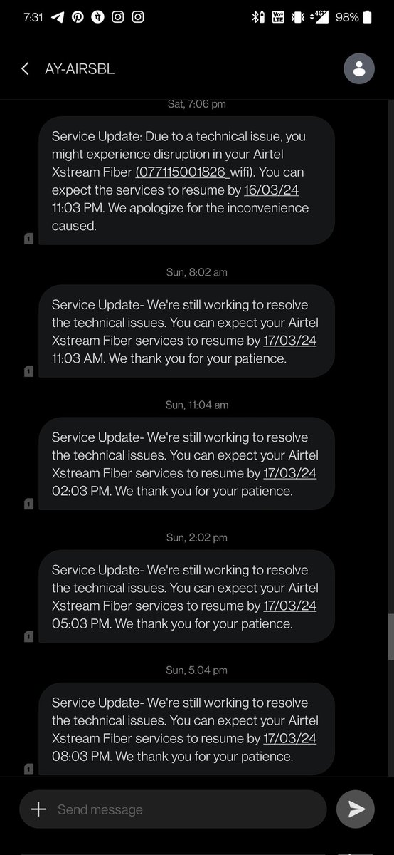 Every 2 hours a message comes that your problem will be fixed in 2 hours but instead of getting fixed the problem is moving in the opposite direction for another 4 hours. This problem has been there for 4 consecutive days.  @airtelindia #airtelwifi #wifi #airtelindia