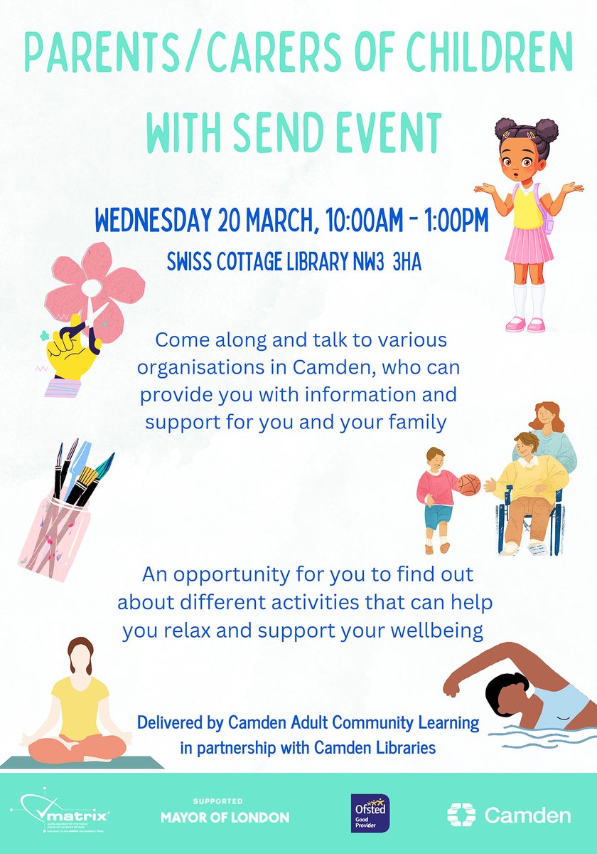 Parents and carers of children with special educational needs and disabilities (SEND) can come to Swiss Cottage Library tomorrow (Wed 20 March), from 10am to 1pm, to find info about support, activities and services. Free wellbeing activities and taster sessions 🙌🏽