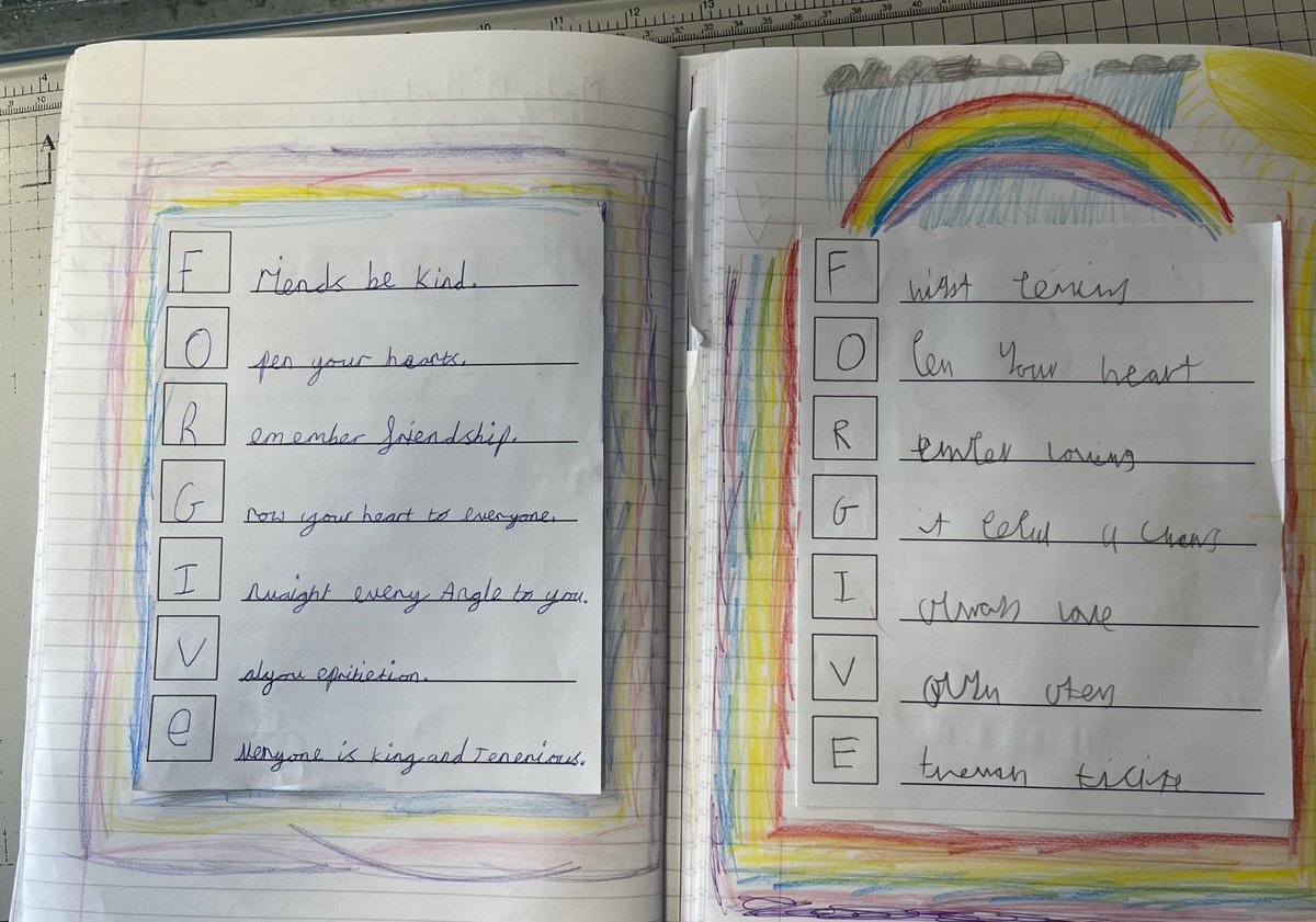 SCFM_Tweets's tweet photo. Forgiveness acrostic poems in year 3 this week linking to our RE unit! 

Friends be kind
Open your hearts
Remember your good 
Give kindness
Invite God into your heart 
Value others 
Every chance, give love https://t.co/24AEQnFikI