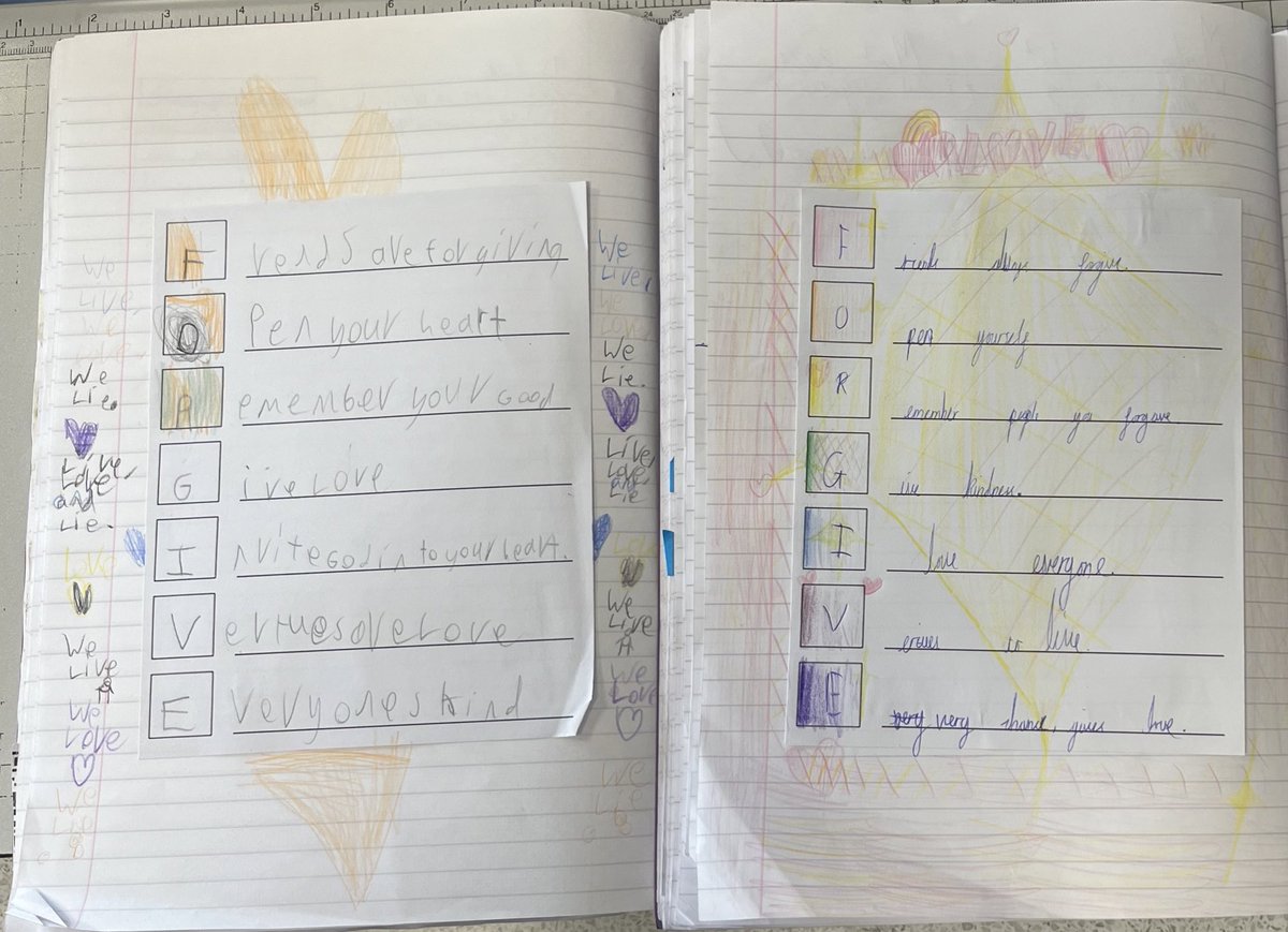 SCFM_Tweets's tweet photo. Forgiveness acrostic poems in year 3 this week linking to our RE unit! 

Friends be kind
Open your hearts
Remember your good 
Give kindness
Invite God into your heart 
Value others 
Every chance, give love https://t.co/24AEQnFikI