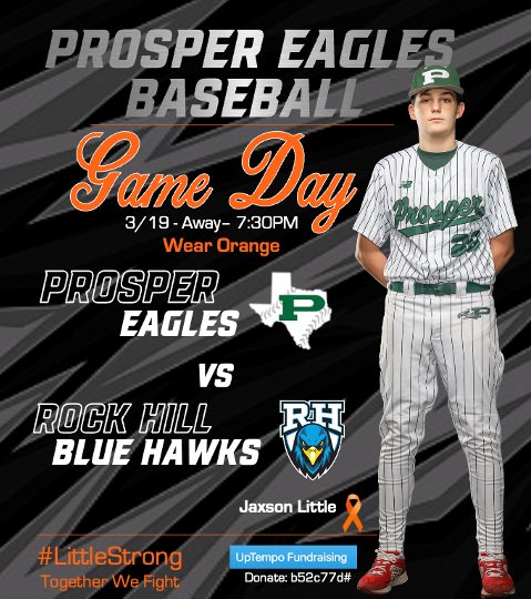 ThePHSBaseball's tweet photo. It’s Game Day! Game 1 of 2 starts at 7:30 PM tonight as the Prosper Eagles take on the Rock Hill Blue Hawks at Rock Hill. Wear orange tonight to show your support for Jaxson Little and his family.
 
Donate to support Jaxson here: https://t.co/QtrY4ZqB9s
 
#LittleStrong https://t.co/f0hhsGFjJC