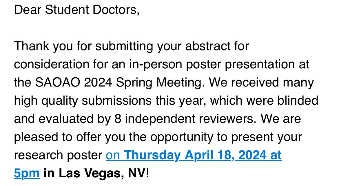 I am thrilled to be presenting my case report in Las Vegas for my first SAOAO Conference! It should be a fun one :)