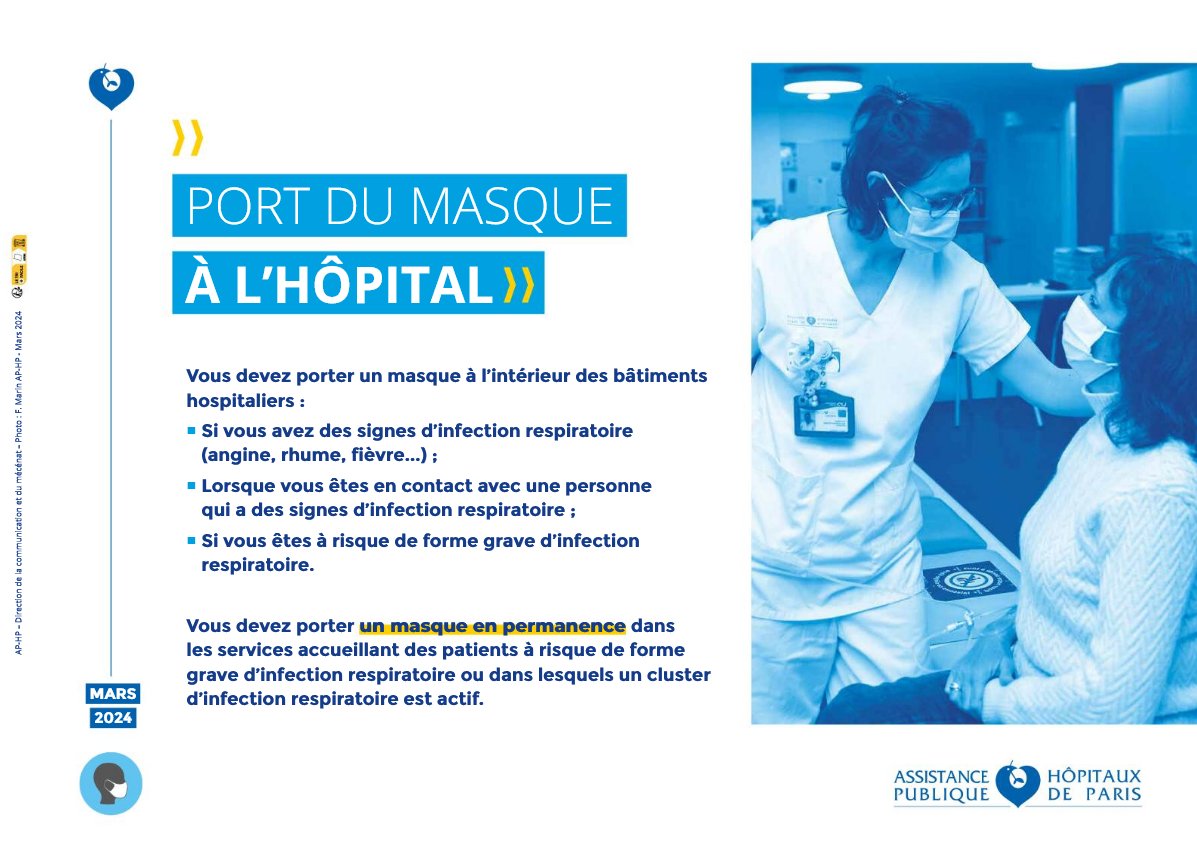 😷🏥 Nouvelles règles à l'@APHP pour le port du #masque, qui doit être porté... • si on a des symptômes respiratoires • si on est en contact avec une personne ayant des symptômes • si on est à risque de forme grave • dans les services accueillant des patients à risque 1/2