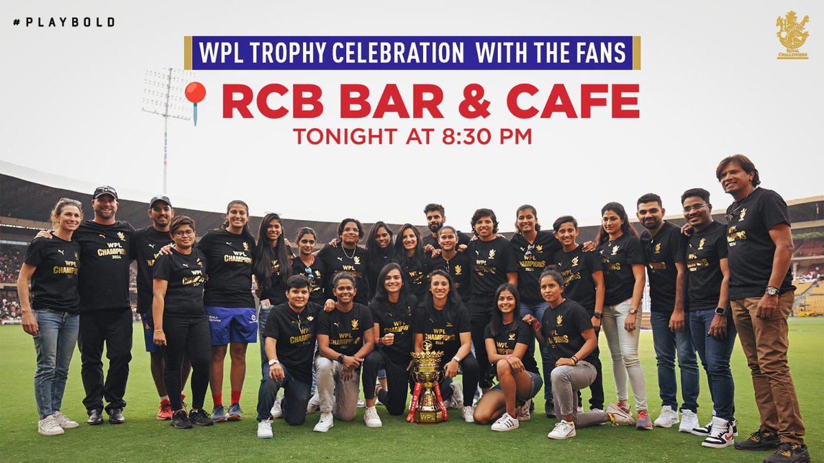 We’re heading to the @rcbbarcafe, and we’re bringing the trophy with us. 🏆👀

See you at 8:30PM, 12th Man Army 👊

📍 Johnnie Walker presents #RCBUnbox powered by @kotak_life and @Duroflex_world is live 

#PlayBold #ನಮ್ಮRCB #WPL2024