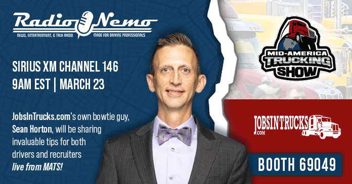 JobsInTrucks's tweet photo. Tune in to the @DaveNemoShow on Sirius XM channel 146 at 9am EST, on Saturday the 23rd. https://t.co/oBYEKtfFIwβs bowtie guy, Sean Horton, will be sharing invaluable tips for both drivers and recruiters live from #MATS2024! #MATSexperience #RadioNemo @truckingshow @RecruitSourceX https://t.co/tFl9SMvAFp