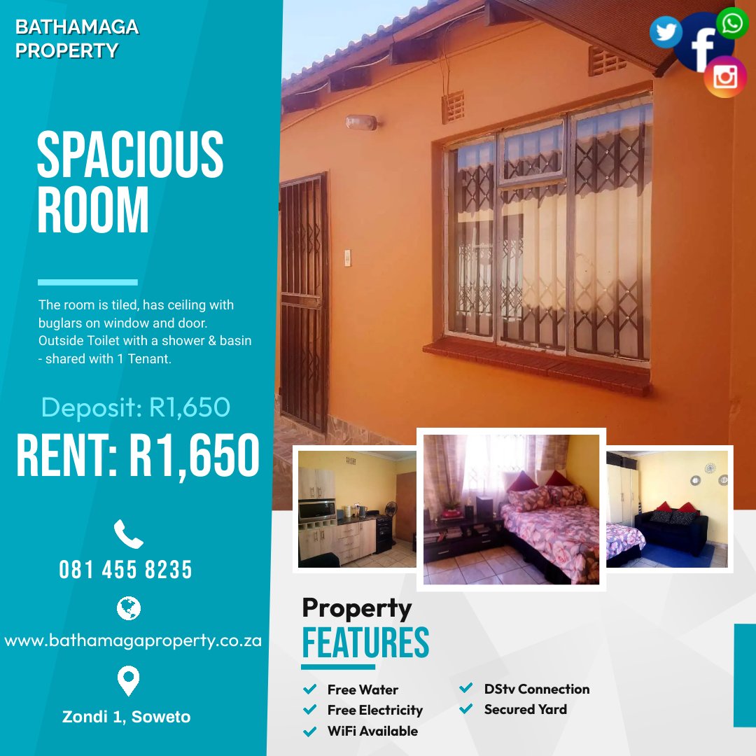#propertytorent #roomtorent #housetorent #apartmentstorent

🏡 Spacious room 
📍 Zondi 1, Soweto 
🏷 R1,650 pm
🛀 Shared Shower
📡 DStv Connection 
🚰 Free Water 
💡 Free Electricity
🛜 WiFi Available 
📞 Tebogo 081 455 8235 

Get full details: 

🔗 bathamagaproperty.co.za/property/spaci…