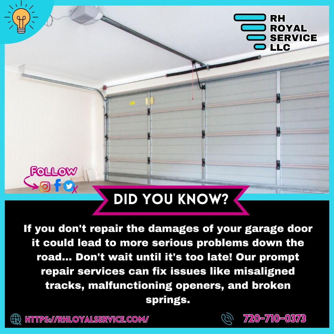 rh_royalservice's tweet photo. ⚠️ Don't ignore those signs of wear and tear on your garage door!

#GarageDoorRepair #CustomerFirst #RHRoyalService #SatisfactionGuaranteed #HomeUpgrade #GarageDoorDesign #RHServiceExcellence #DenverHomes #PanelReplacement #GarageDoorUpgrade #CustomGarageDoors

1/2 https://t.co/hafaY2nKsB