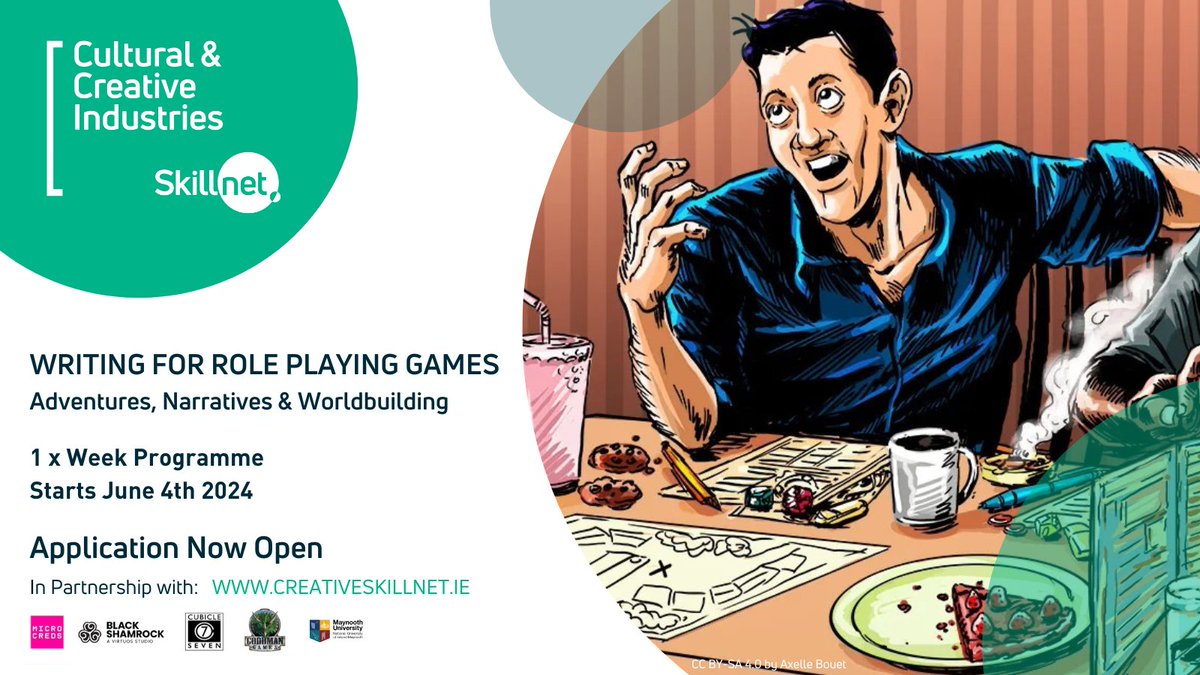 CreateSkillnet's tweet image. Passionate about #gamedesign ? Writing for Role-Playing Games: Narratives, Adventures, and Worldbuilding is a 1-week graduate-level micro-credential in partnership with #MaynoothUniversity Application Open! creativeskillnet.ie/course/writing…