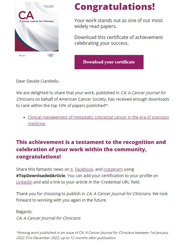 Davide Ciardiello (@dciardiello) on Twitter photo Our manuscript on the management of mCRC <a href="/TaberneroJosep/">Josep Tabernero</a> <a href="/AndresC27622123/">Andres Cervantes</a> <a href="/Giulia_Martini1/">Giulia Martini</a> <a href="/napolitano_ste/">Stefania Napolitano</a> is one of the most read paper published in <a href="/CACancerJournal/">CA: A Cancer Journal for Clinicians</a> in 2022📢 #TopDownloadedArticle
👇
doi.org/10.3322/caac.2… Our manuscript on the management of mCRC <a href="/TaberneroJosep/">Josep Tabernero</a> <a href="/AndresC27622123/">Andres Cervantes</a> <a href="/Giulia_Martini1/">Giulia Martini</a> <a href="/napolitano_ste/">Stefania Napolitano</a> is one of the most read paper published in <a href="/CACancerJournal/">CA: A Cancer Journal for Clinicians</a> in 2022📢 #TopDownloadedArticle
👇
doi.org/10.3322/caac.2…