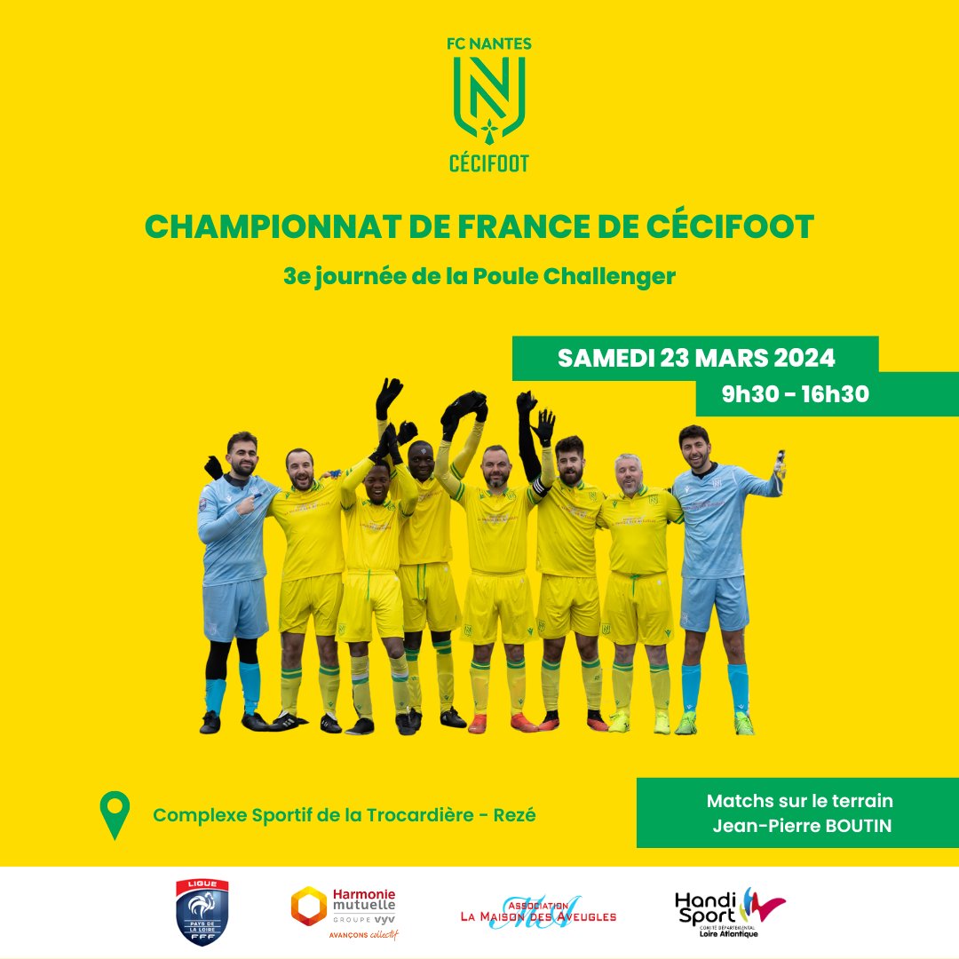 🏆 CHAMPIONNAT DE FRANCE DE CECIFOOT B1 🏆

Plus que quelques jours avant la 3ème journée de la Poule Challenger ce samedi 23 mars au Complexe Sportif de la Trocardière à Rezé (terrain Jean-Pierre BOUTIN).

#FCN #Cécifoot #SportPourTous #Paris2024

Crédit photo : Philippe Jeuland