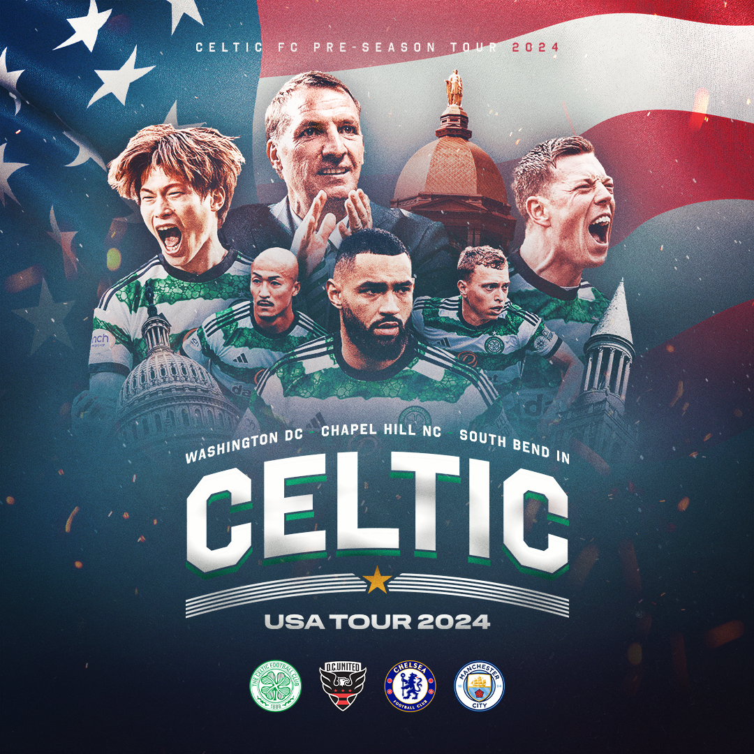 CelticFC's tweet photo. 🌎 The line up for our 2024 USA Tour is complete!

🆚 DC United @ Washington, DC
🆚 Man City @ Chapel Hill, NC
🆚 Chelsea @ South Bend, IN

Tap below for full details 📲

#StatesideCelts🇺🇸🍀