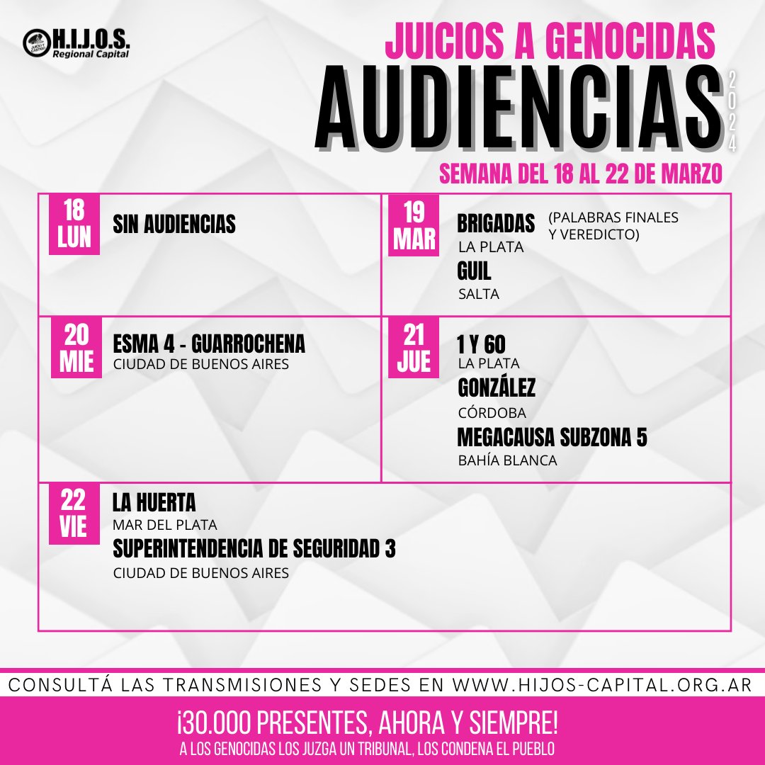 En el #MesDeLaMemoria siguen los #JuiciosAGenocidas
Audiencias de esta semana