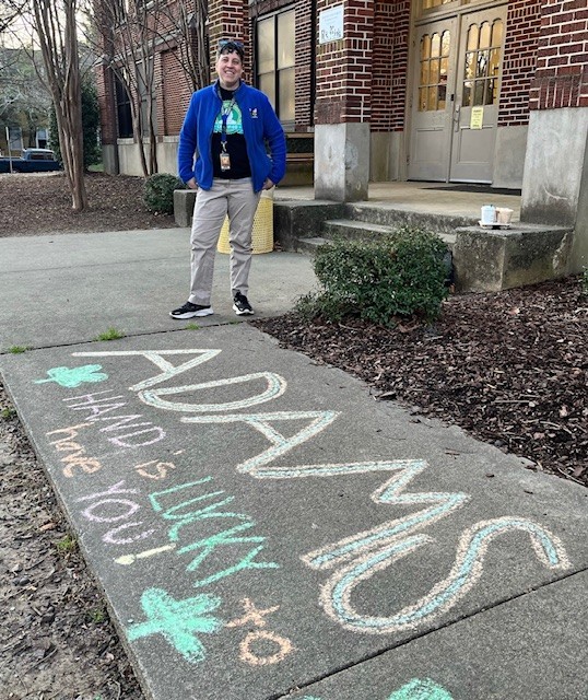 Super proud of our March Staff Member of the Month @adamsdcb23 Ms. Adams was greeted by a wonderful sidewalk chalk display. Thanks for everything you do for our school!