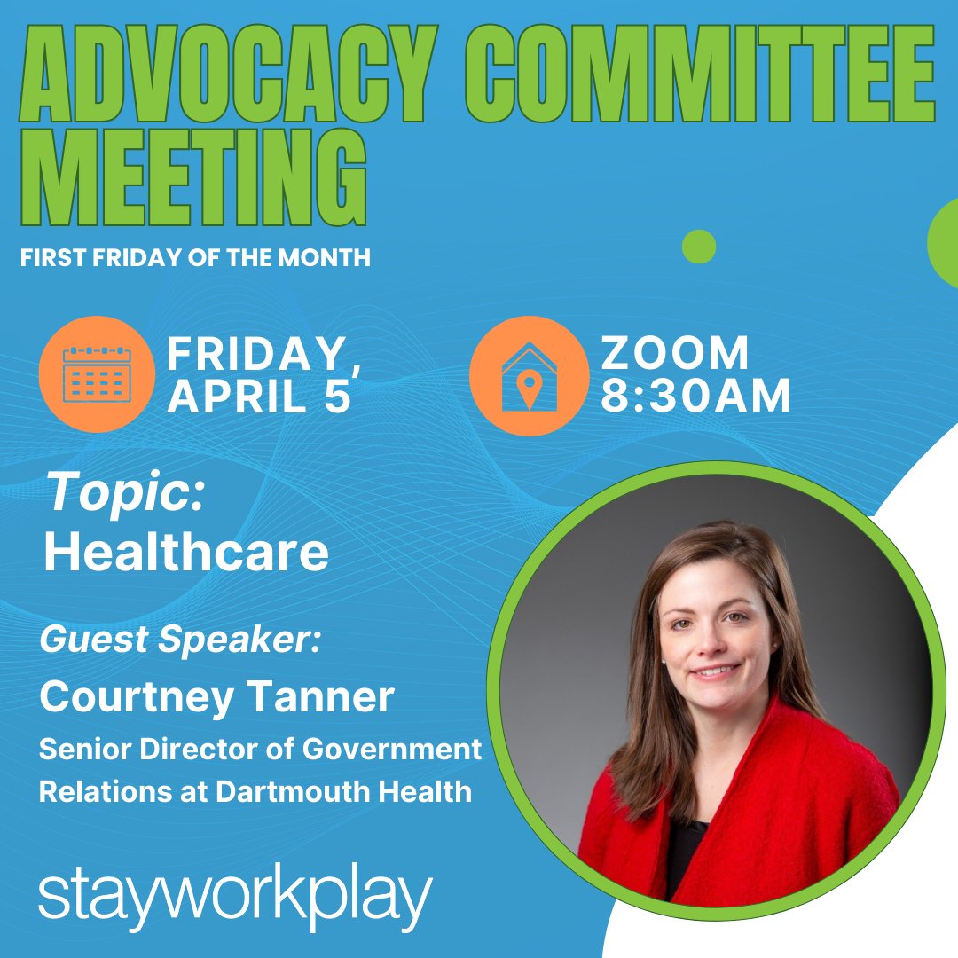 Speaking to NH's healthcare landscape & the public policies that affect it, @DartmouthHealth Senior Director of Government Relations Courtney Tanner will be the featured speaker at the SWP Advocacy Committee meeting at 8:30am, Friday, April 5, via Zoom. zeffy.com/en-US/ticketin…