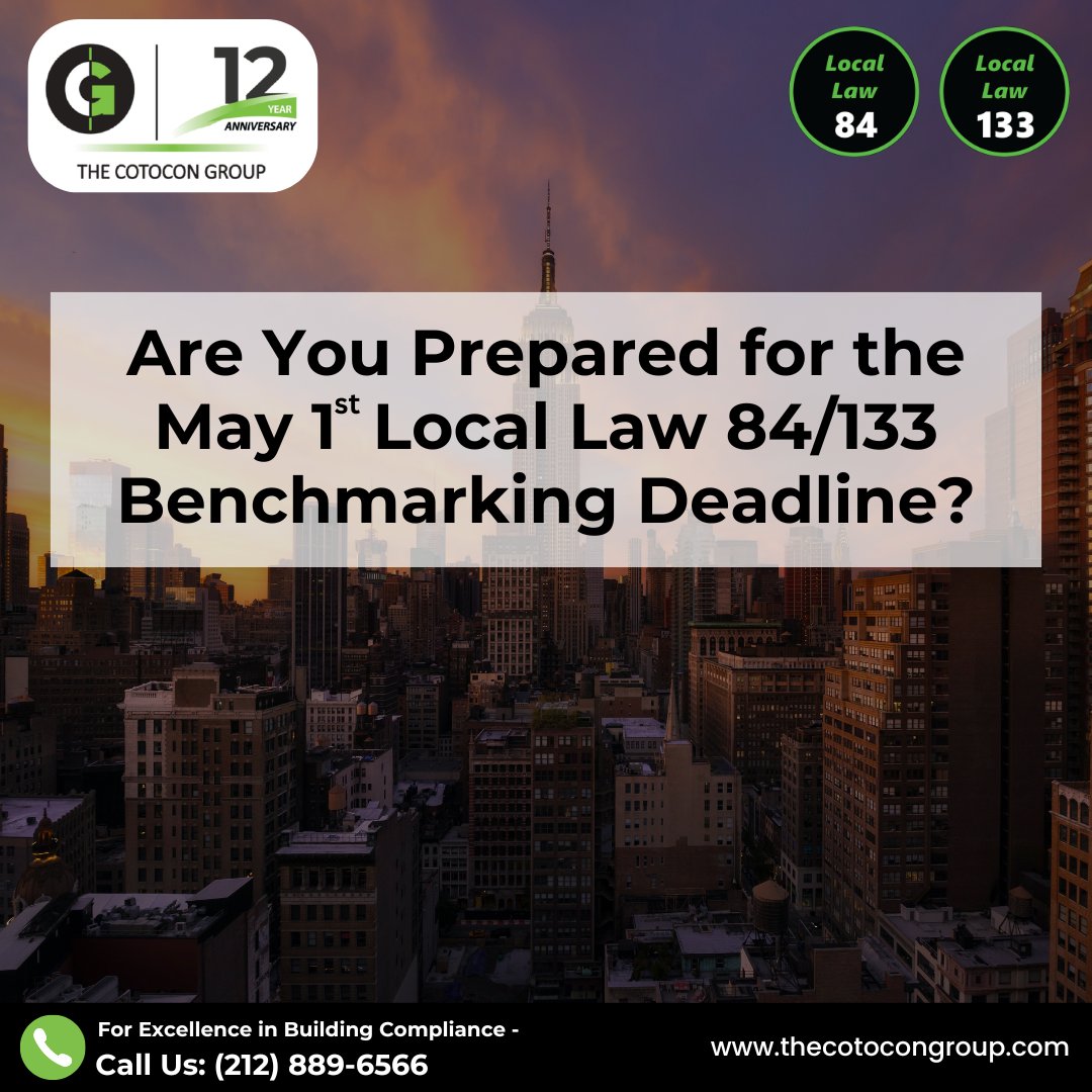 NYC Benchmarking Deadline Alert: Act now to avoid penalties! Don't miss the May 1, 2024 deadline for NYC's Benchmarking Law (Local Laws 84 &amp; 133). Owners of properties 25,000 sq.ft. or larger must report energy and water usage to avoid fines for non-compliance.