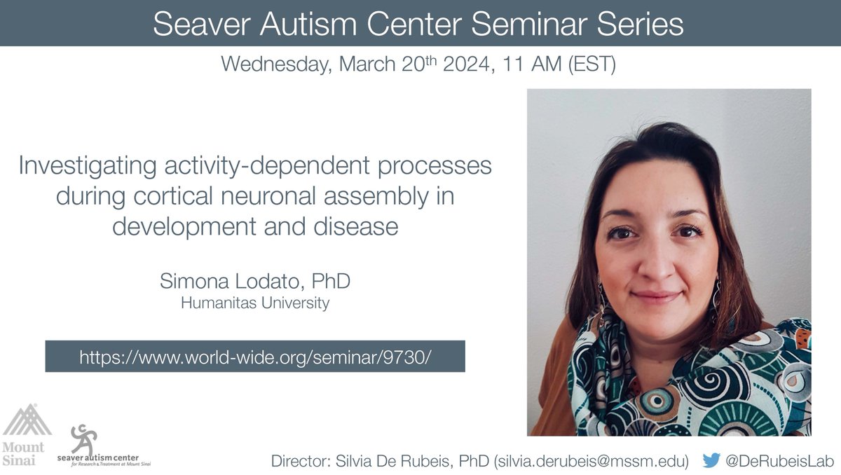 SeaverAutism's tweet image. TOMORROW: tune in to another Seaver Autism Center Seminar! We are so excited to hear Simona Lodato, PhD, talk about #neurodevelopment and #disease.  

world-wide.org/seminar/9730/

#autism