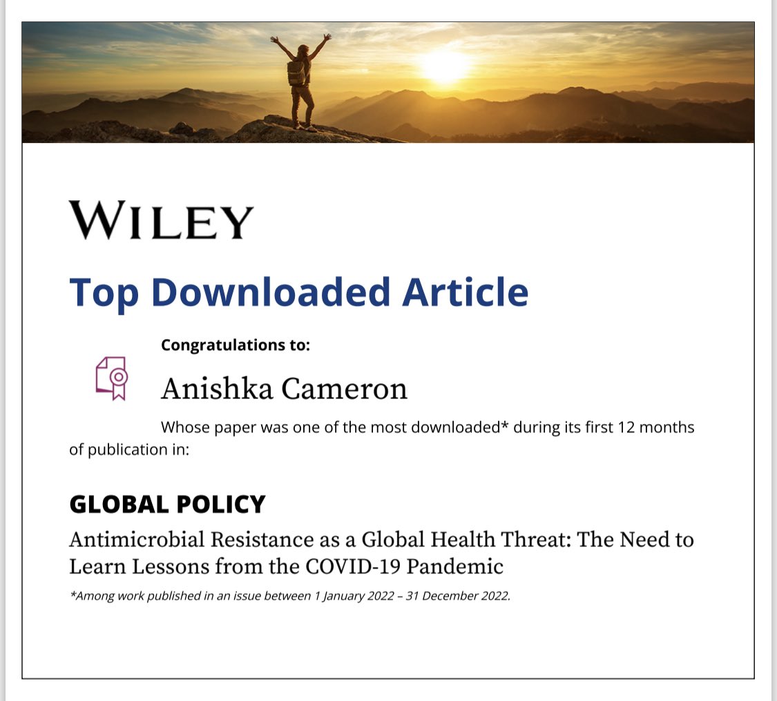 Our paper on governance lessons for AMR from experiences of COVID in @Global_Policy is a #TopDownloadedArticle It’s open access & you can read it here doi.org/10.1111/1758-5… A great experience collaborating with Regina Esiovwa @johnconnolly747 @FionaHenriquez @ASHursthouse